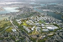 Developer Tom O'Brien offered Revere officials a vision of redevelopment for the Suffolk Downs site. The rendering shows the site looking toward East Boston.