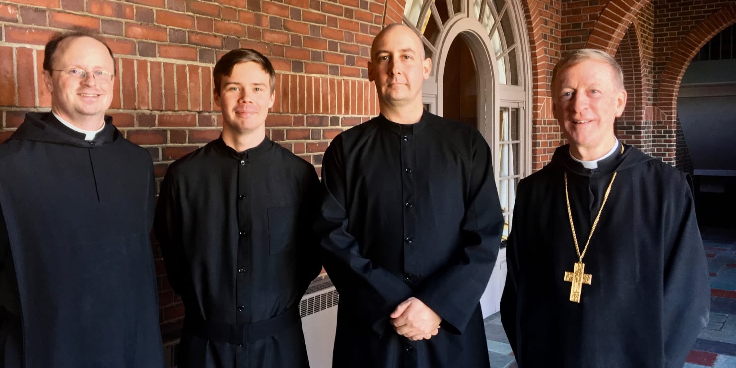 Former Swampscott resident becomes a monk. From left to right, Fr. Bernard Disco, Brother Titus Phelan, Brother Dunstan Enzor, and Abbot Mark Cooper.