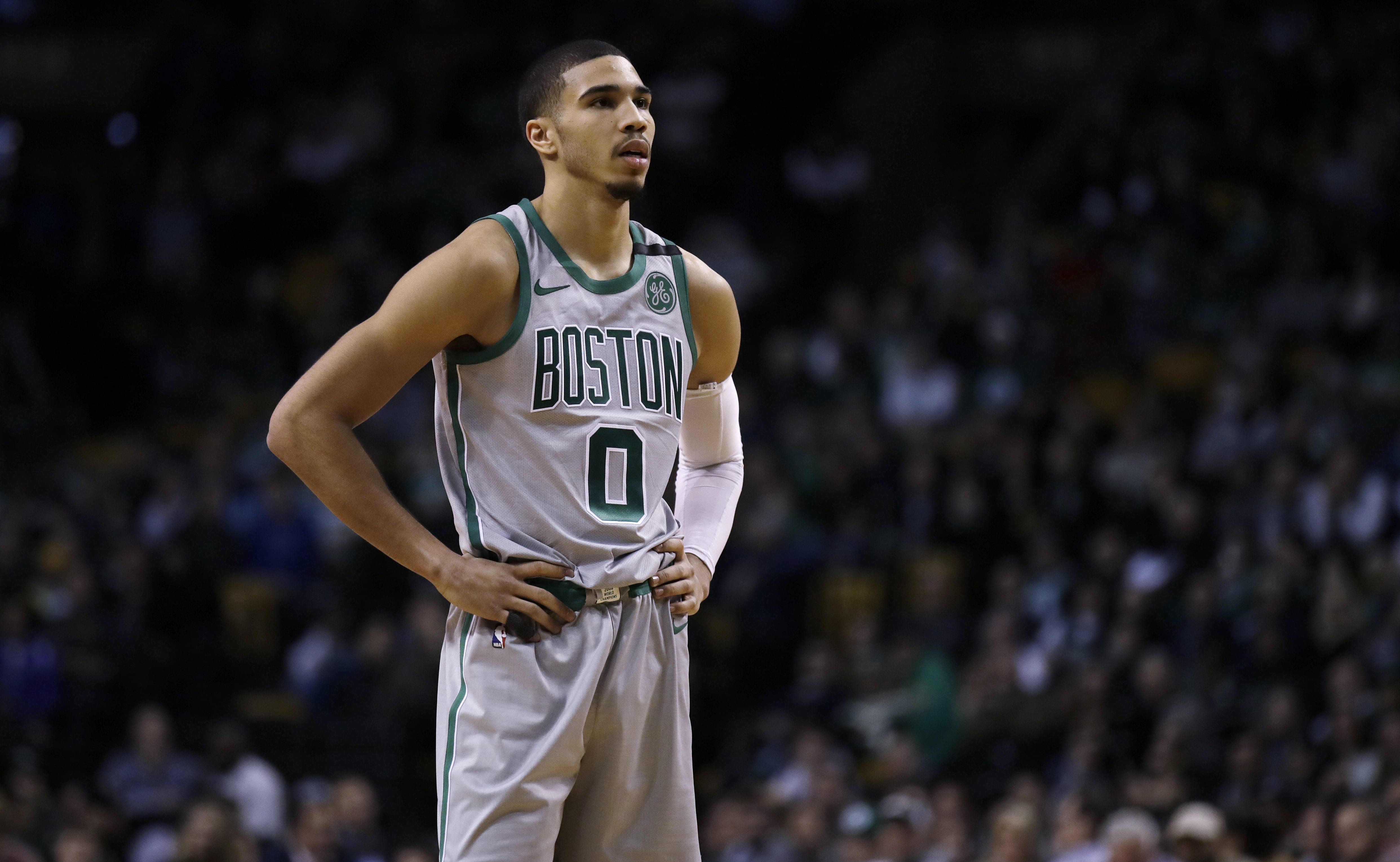 Boston Celtics forward Jayson Tatum (0) during the second half of an NBA basketball game in Boston, Monday, Feb. 26, 2018. The Celtics defeated the Grizzlies 109-96. (AP Photo/Charles Krupa)