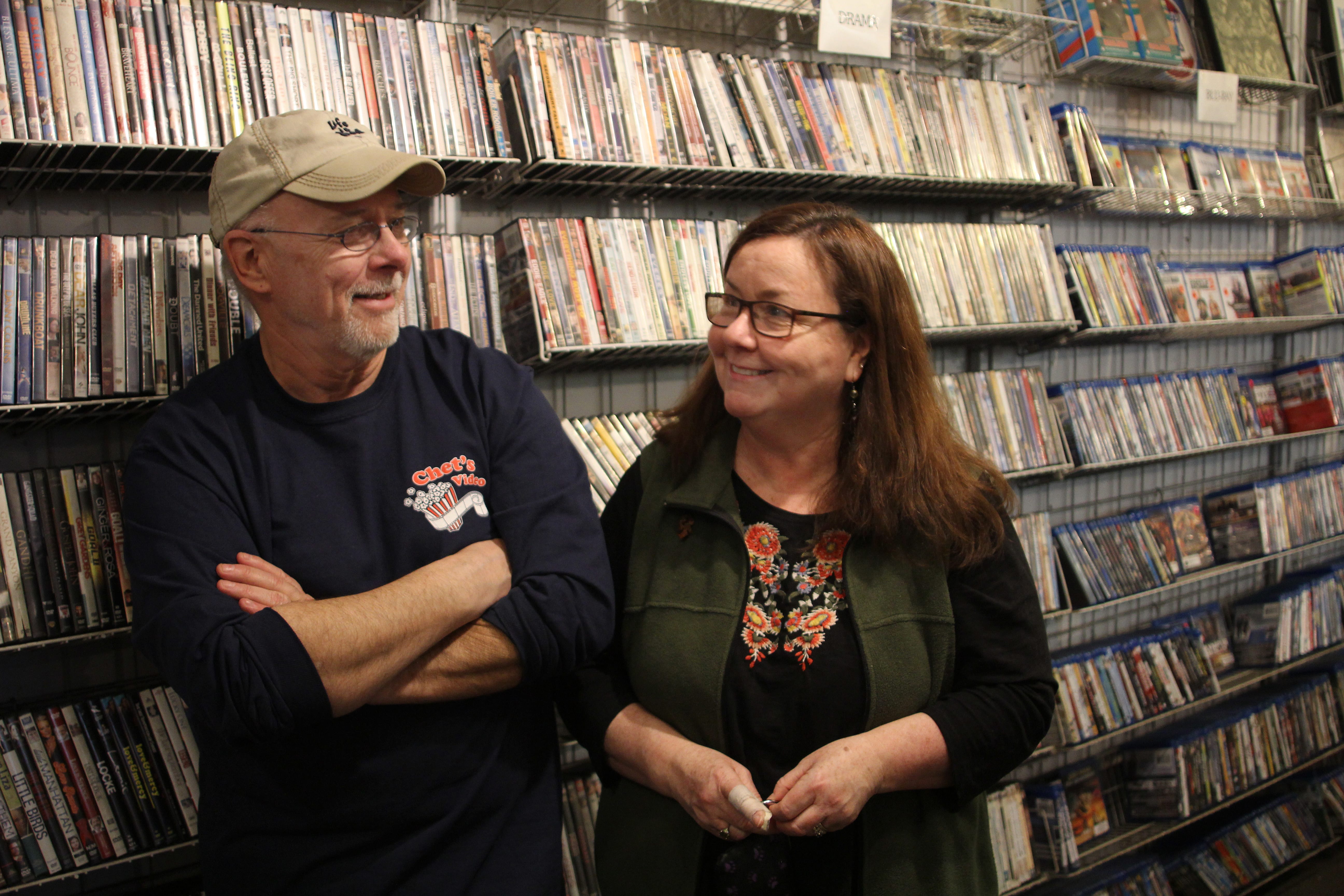 Marblehead. Ma 3-1-18. Chet Strout and Carrie Thomas in Chet's Video and Candy Shoppe which will be closing after 25 years.