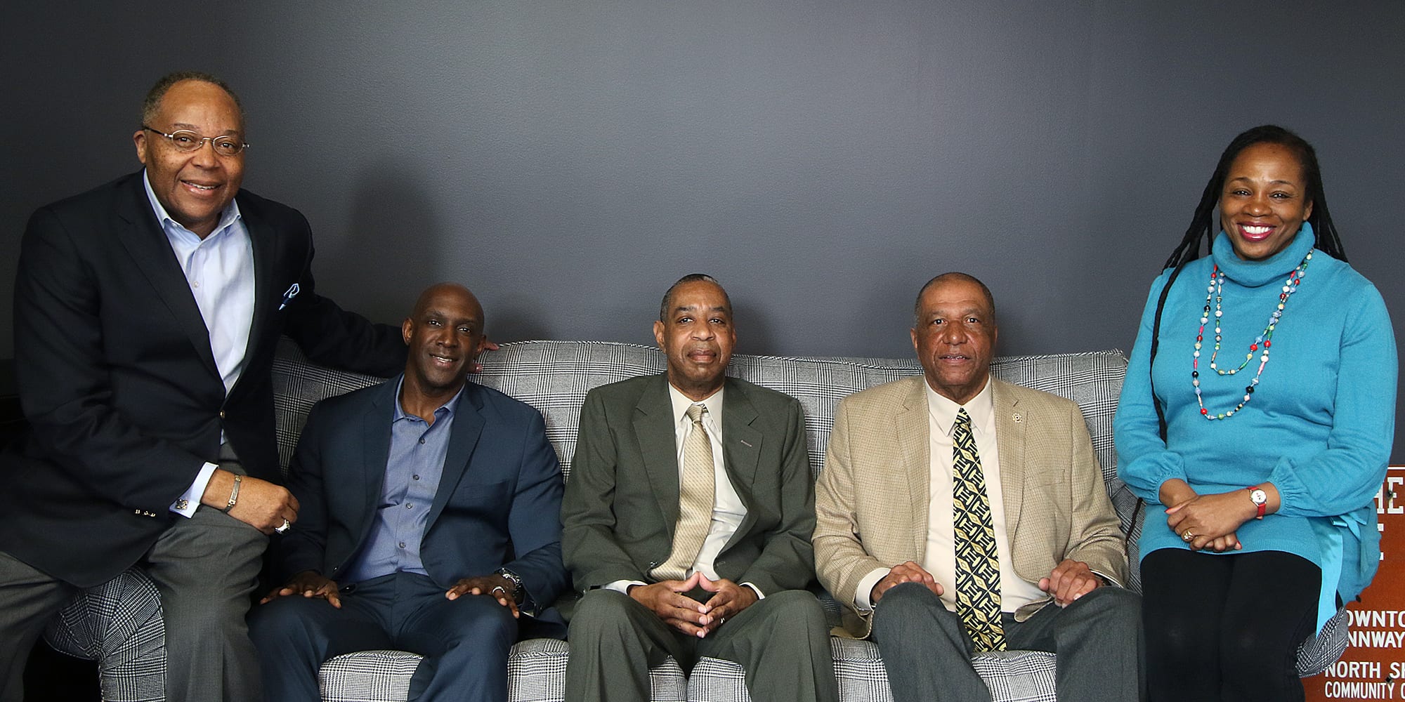 From left, Ed Thurman, Emerson Foster, David McCoy, Buzzy Barton, and Cheryl Charles, news editor, Daily Item. Photo by Mark Lorenz.