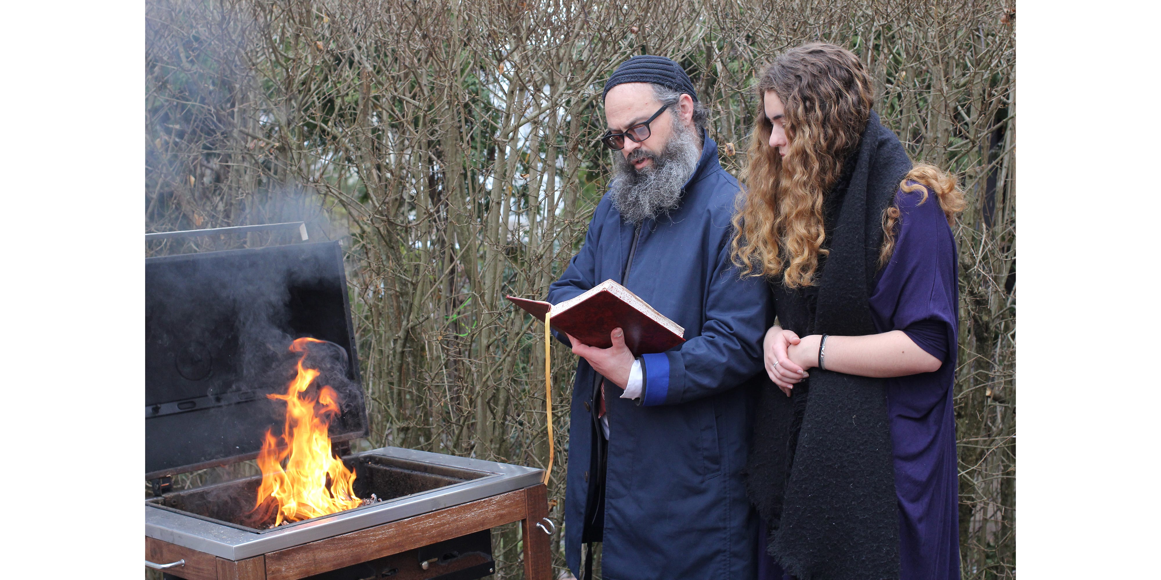 Swampscott, Ma. 3-30-18. Rabi Yossi Lipsker Director of Chabad of North Shore, and Sheva Lipsker Biyru Chametz Buring of the Levin.