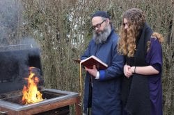 Swampscott, Ma. 3-30-18. Rabi Yossi Lipsker Director of Chabad of North Shore, and Sheva Lipsker Biyru Chametz Buring of the Levin.