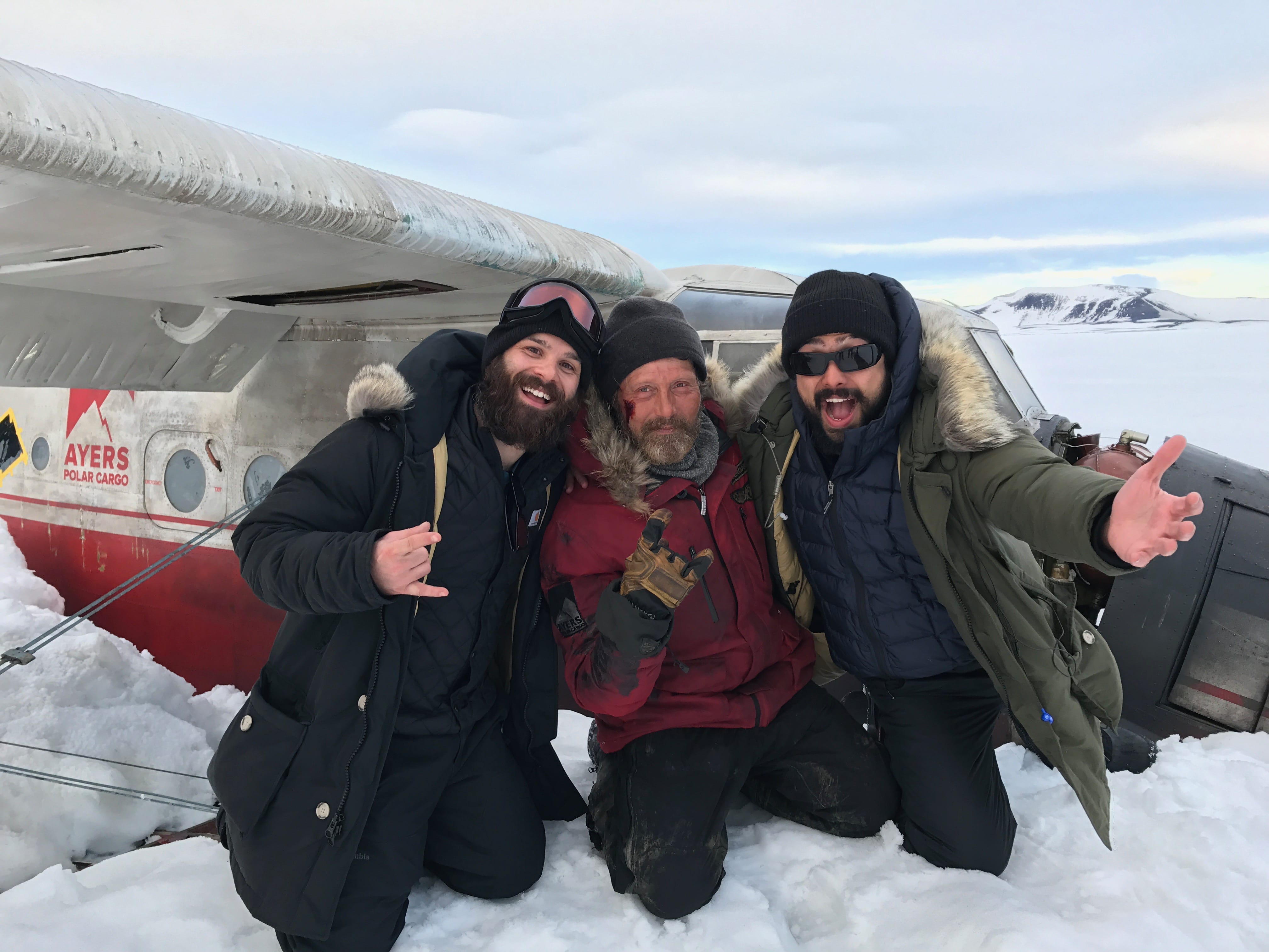 Ryan Morrison, the film's star actor Mads Mikkelsen, and director Joe Penna on set of 'Arctic' in Iceland.
