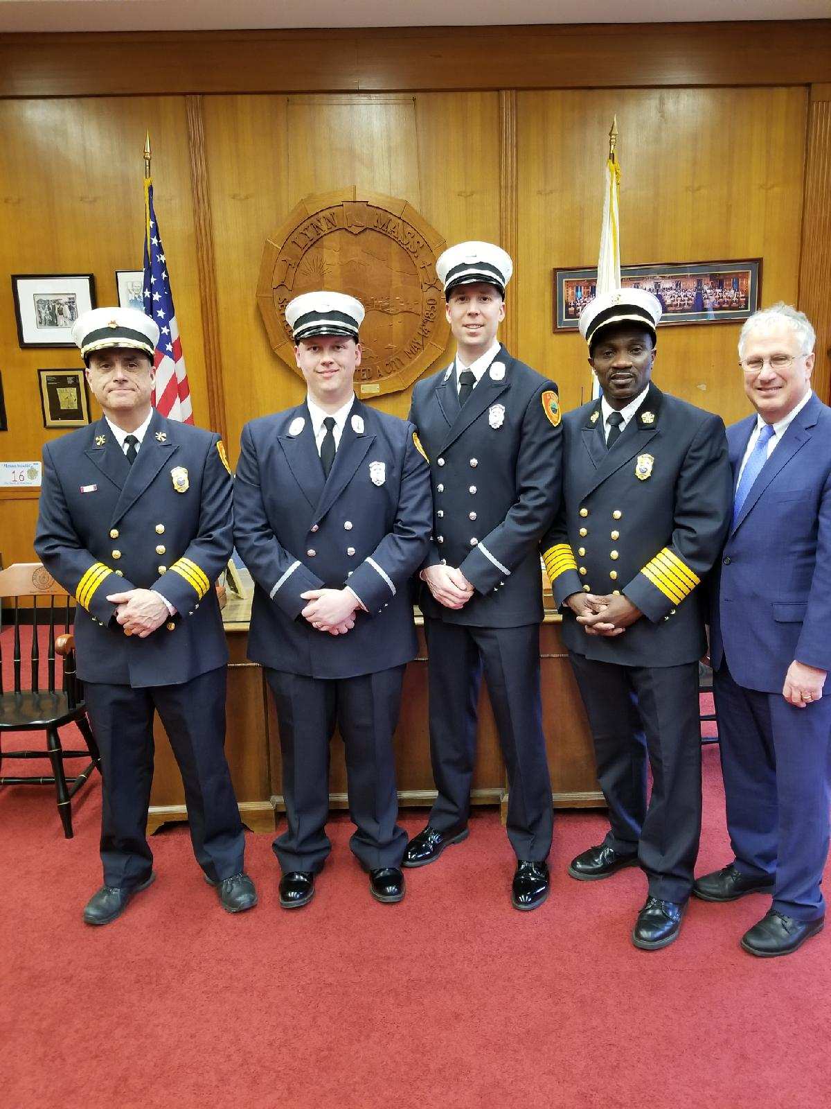 Deputy Chief Bill Murray (left), Lt. Stephen Stille, Lt. Axel Davis, Chief Stephen Archer and Mayor Thomas M. McGee