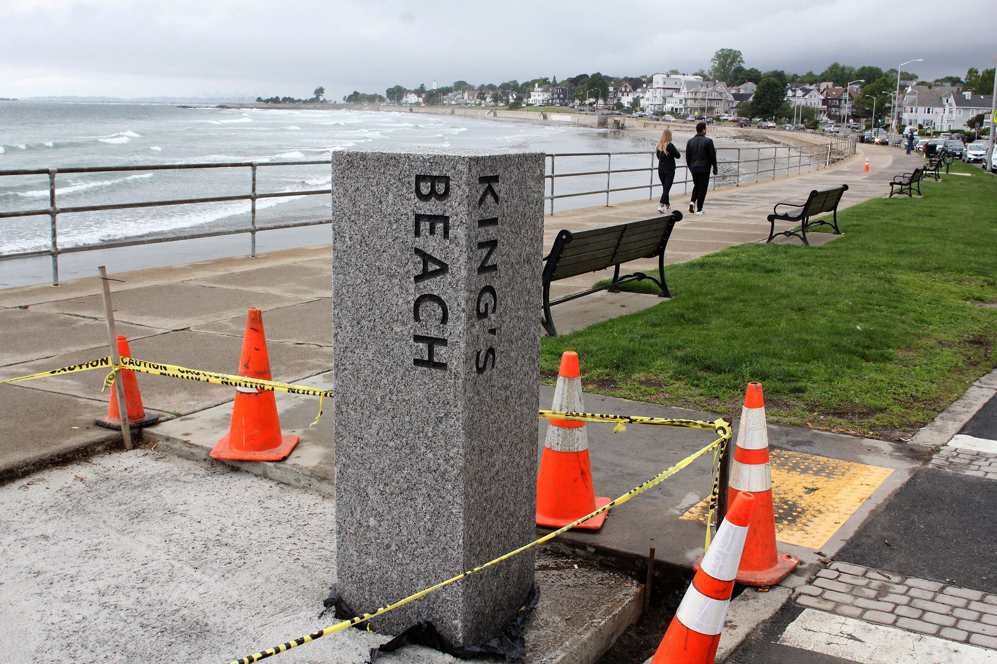 A new marble pillar identifying King's Beach is part of a redesign along the waterfront.