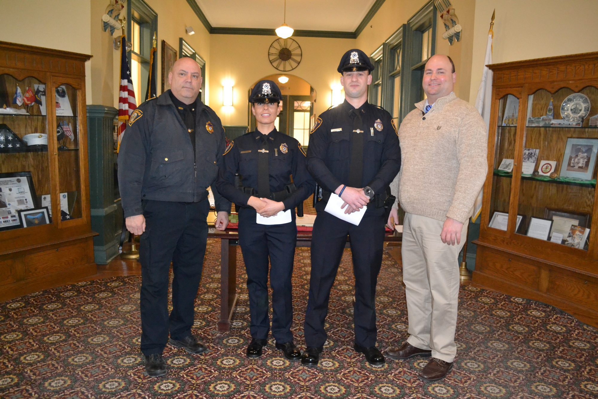 From left: Interim Police Chief Ronald Giorgetti, Officer Jenna Loverme, Officer Vince Johnston, and Town Manager Scott Crabtree.