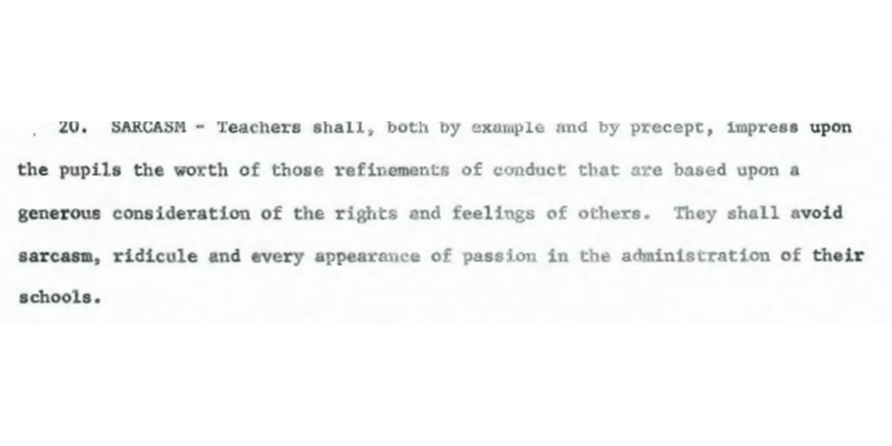 A snippet of the 1978 Rules of the School Commitee's policy on sarcasm.