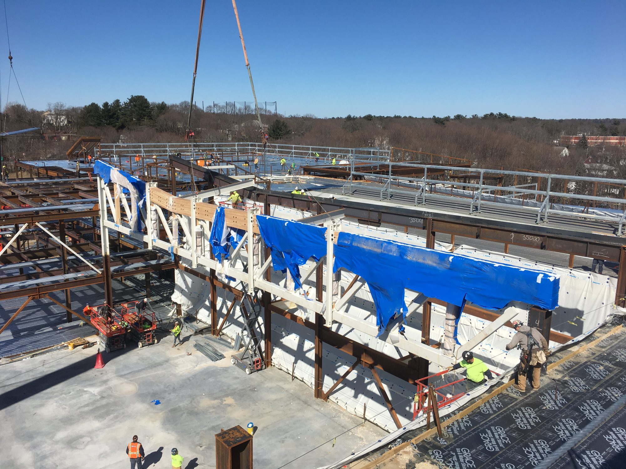 The construction team behind the new Saugus Middle-High School finished installing trusses to build the school's gymnasium Monday afternoon. The first truss was installed by PMA Consultants on March 26.