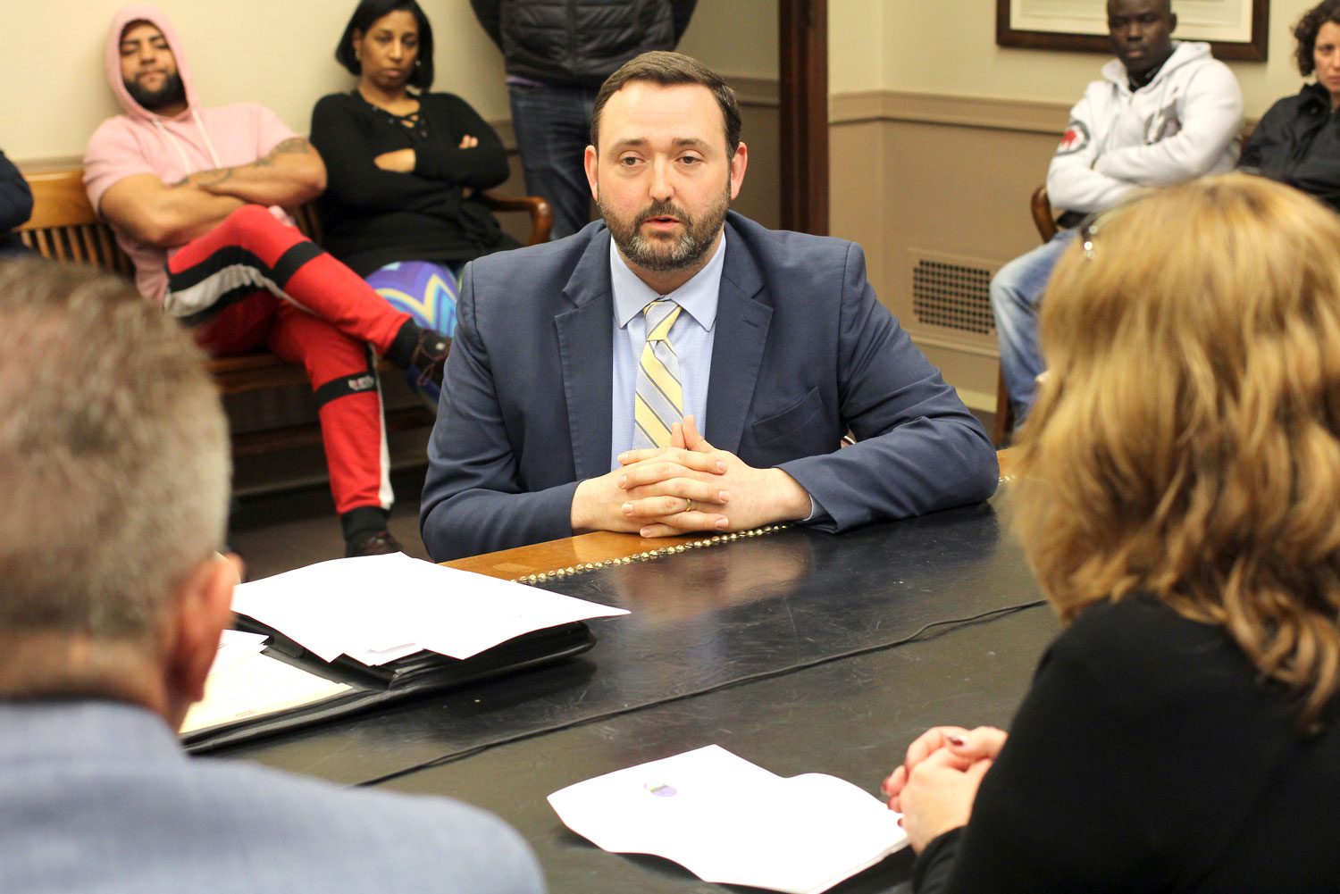 Drew Russo is interviewed by Lynn city councilorts at Lynn City Hall for the job of personnel director.